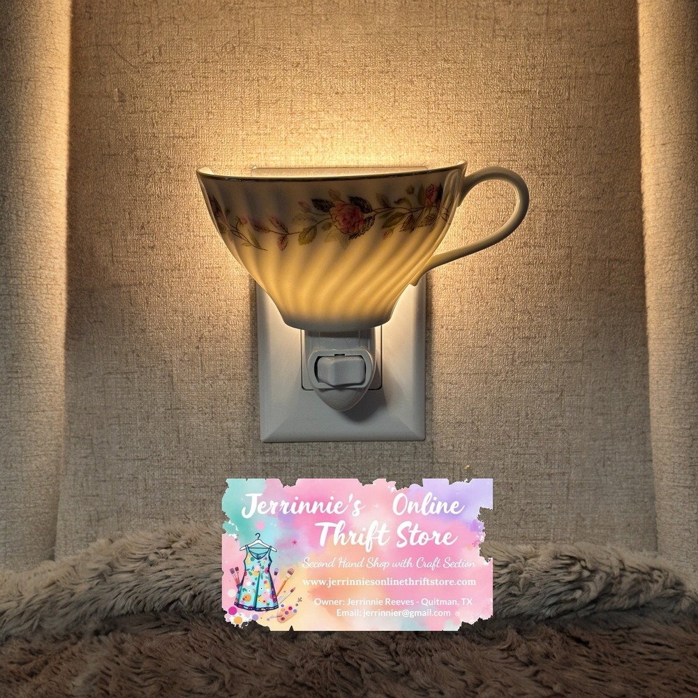 Vintage Floral Teacup Night Light Pink Rose Ceramic Shabby Chic Cottagecore Lamp